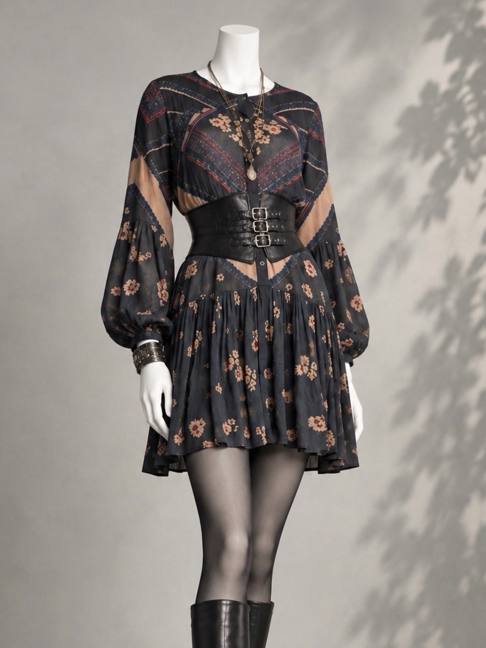 Free People From Your Heart Tunic Dress S Gray Floral Boho Whimsigoth Shift